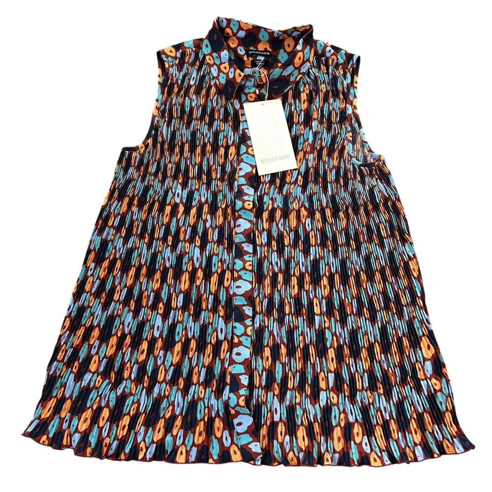 Wildfang Empower Boxy Plisse Pleated Sleeveless Button Up Shirt Abstract Medium